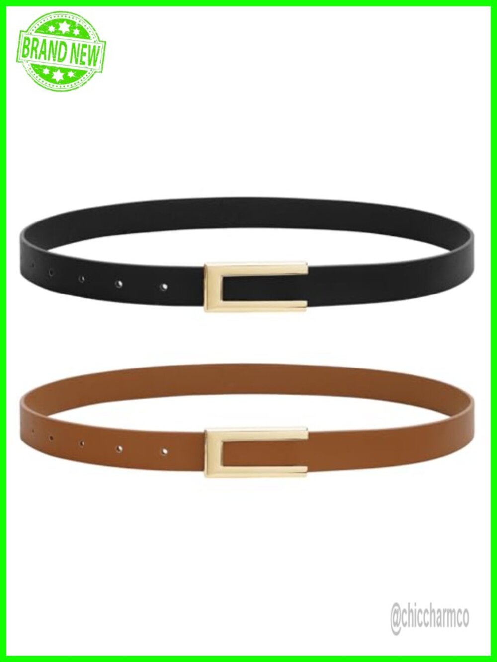 2 Pack Skinny Faux Leather Belts for Women Thin Waist Belt Gold Buckle